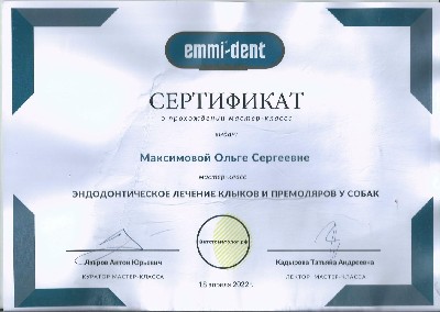 Сертификат о прохождении мастер-класса Эндодонтическое лечение клыков и премоляров у собак